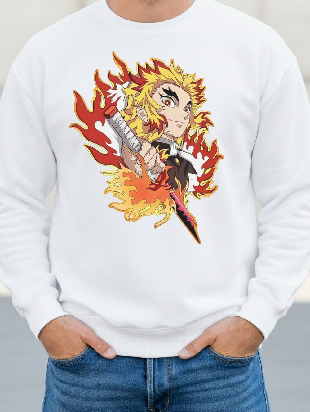 White Men’s Crewneck Sweatshirt with Kyojuro Rengoku Anime Cartoon Character